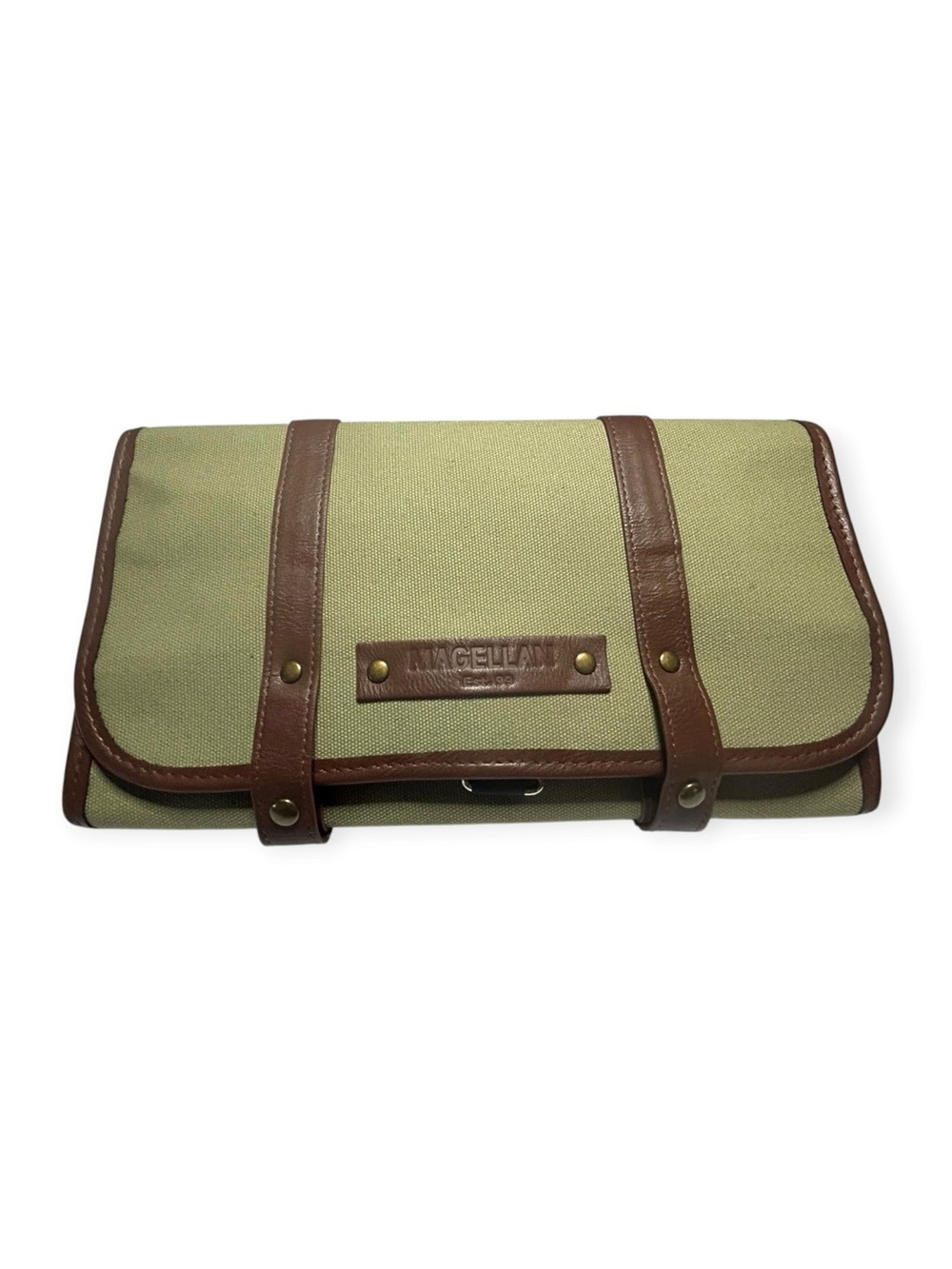 Magellan Travel Toiletry Bag Hanging Organizer Olive Green Canvas Brown Trim